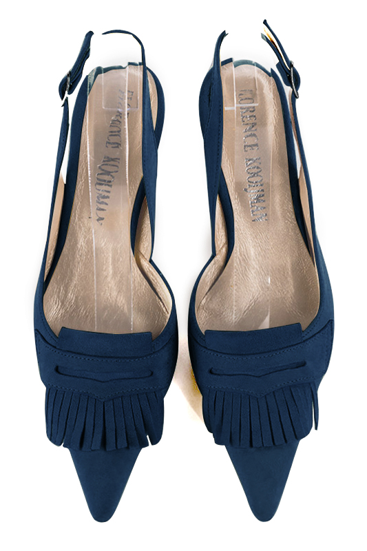 Navy blue women's slingback shoes. Pointed toe. Medium spool heels. Top view - Florence KOOIJMAN